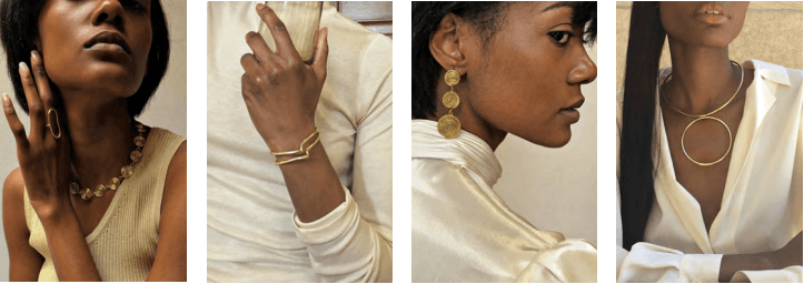 a woman wearing a manhal necklace and is made of contemporary brass jewelry